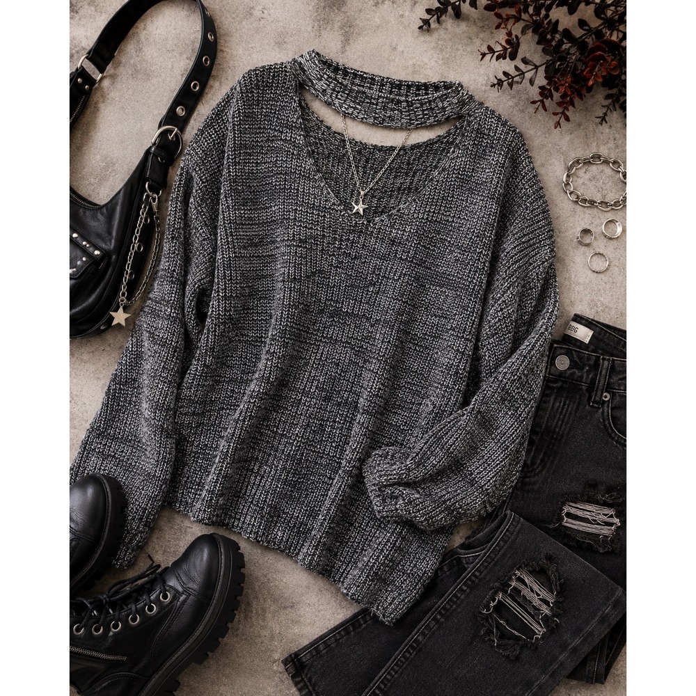 Women's L Black Gray Marled Knit Choker Neck Sweater Oversized‎ Y2K Grunge
